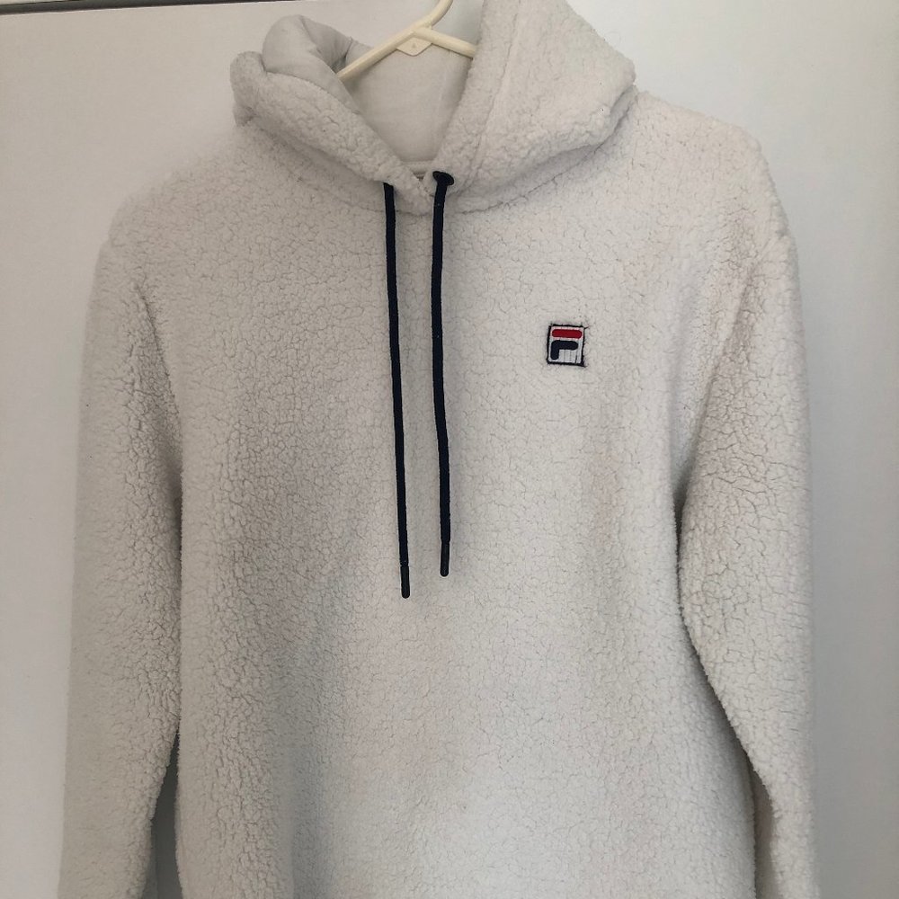 FILA White Hoodie Sherpa Fuzzy Fleece Crop Jacket Pullover Size Medium